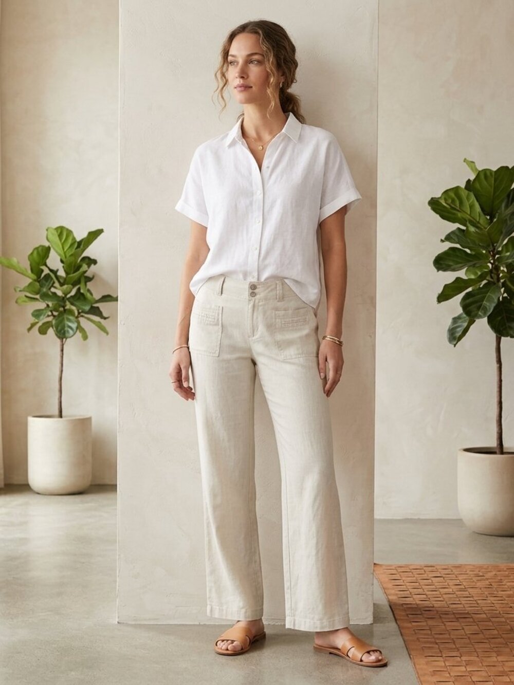 SO Wide Leg Linen Blend Pants Cream Off-White Size M